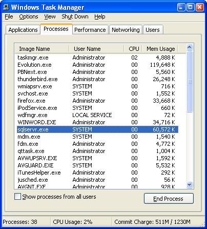 sqlserver.exe process highlighted